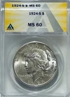 1924 S Peace Silver Dollar ANACS MS60 Tough Date Peace