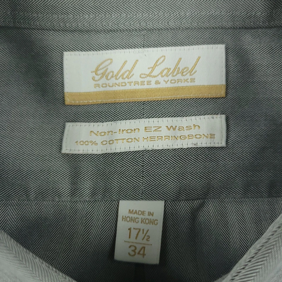 Roundtree & Yorke Gold Label Shirt Mens 17.5 34 Gray Herringbone Non Iron Dress - Image 4 of 4