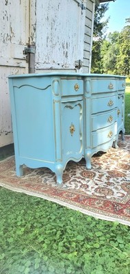 French Style Light Blue Gold 6-Drawer Dresser Carved Painted Wood Bedroom |  eBay