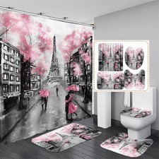 4Pcs Paris Eiffel Tower Pink Shower Curtain Sets Bathroom Set Decor with Non-...