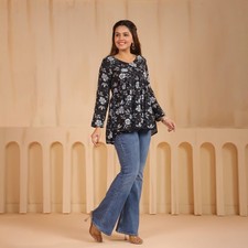 Women Black White Hand Block Print Cotton Jaipuri Indian Kurti