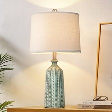 Green Ceramic Table Lamp 24.5": 3-Way Dimmable Nightstand Lamp with White Dru...