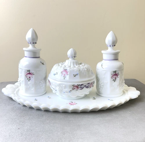 Westmoreland Milk Glass Vanity Set 7 Pieces Grape Roses Bows Handpainted VTG EUC