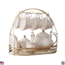 fanquare 15 Pieces Simple White English Ceramic Tea Sets,Tea Pot,Bone China Cups