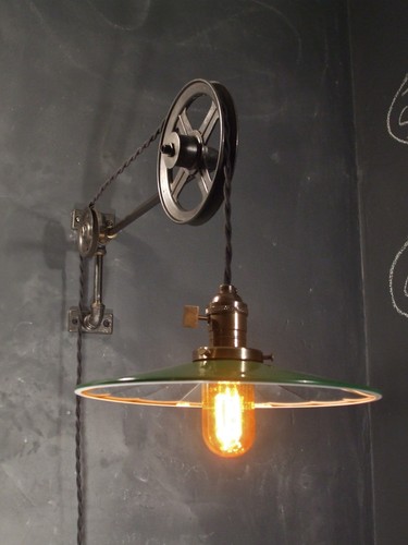 Vintage Industrial Pulley Sconce w/ Mirrored Reflector Shade - Machine Age Light - Picture 5 of 5