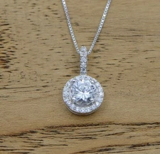 925 Sterling Silver Halo Round CZ Pendant Necklace 18" Chain Gift Box I25