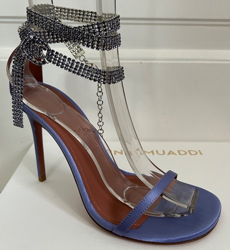 NIB Amina Muaddi Giorgia Tanzanite Crystal Ankle Wrap Sandals Pumps 37.5 $1345 - Picture 10 of 24
