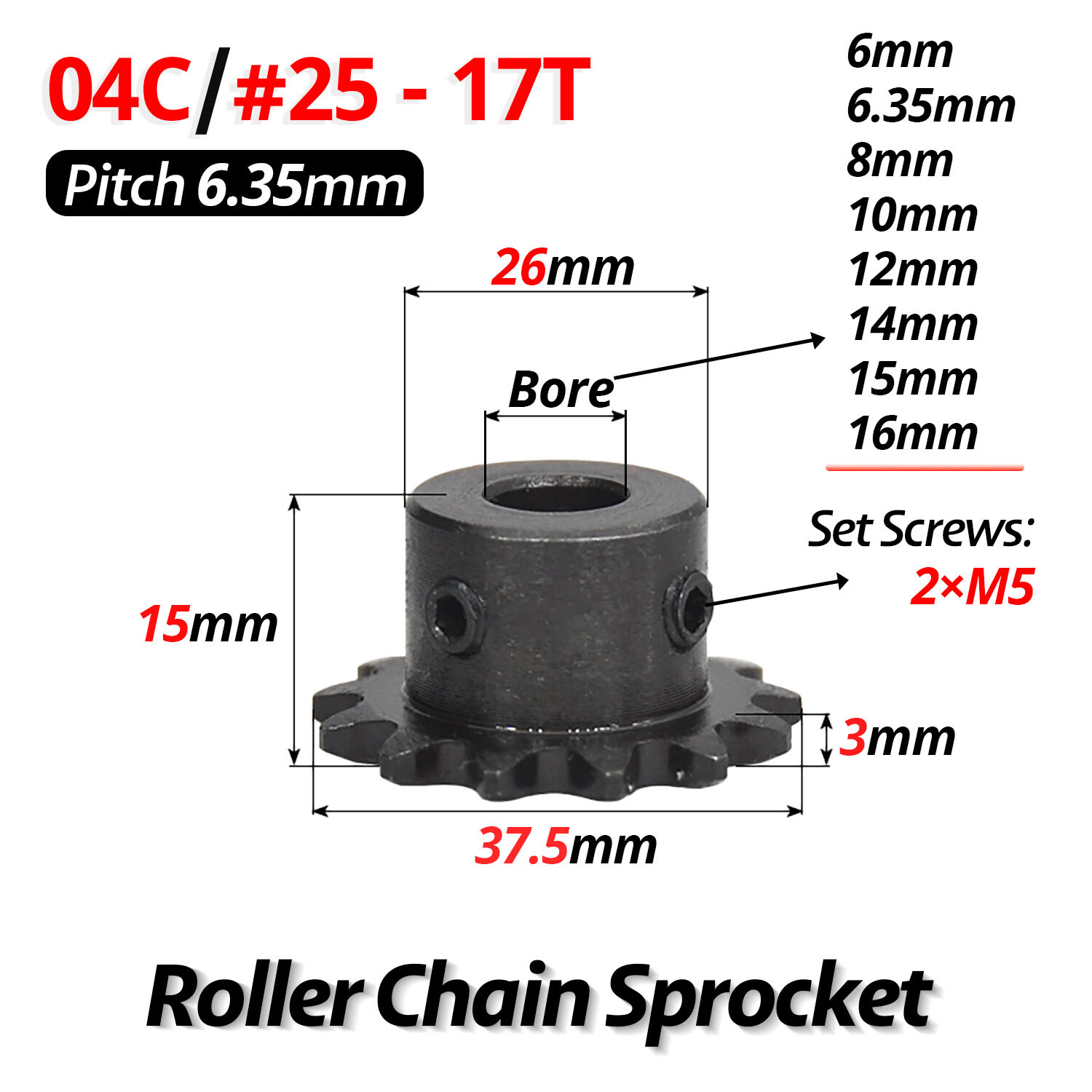 10 Tooth Roller Chain Sprocket B Type - 6mm Bore X 6.35mm