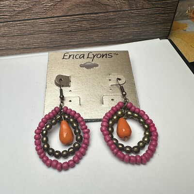 Erica Lyons Pink Orange Bronze Bead Beaded Pierced Dangle Drop Earrings NWT
