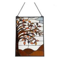 Stained Glass Autumn Tree Floral Window Panel Handcrafted Tiffany Style 16 x 24