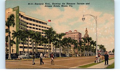 Street View Postcard Miami Florida Biscayne Blvd Terrace Alcazar Hotel FL People