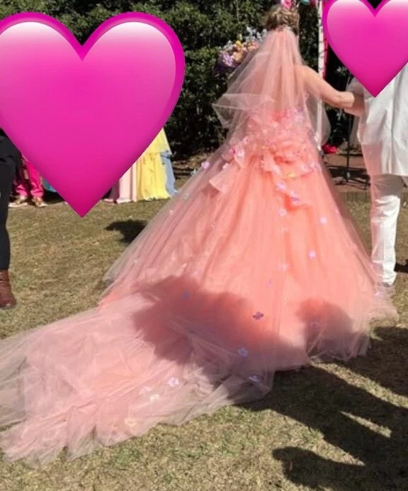 Vestido de novia personalizado de tul melocotón con apliques florales de quinceañera talla L/XL Foto 4 de 4