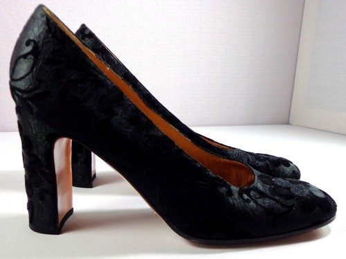 Casadei Heels Womens Black Floral Fabric Leather Pumps Size 7 B Made in Italy - Picture 3 of 11