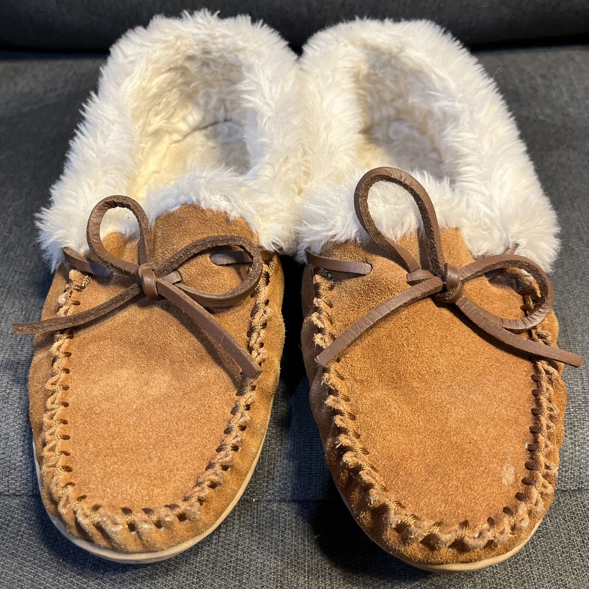 J Crew Suede Faux Shearling Lodge Moccasin Slippers Dark Nutmeg Size - Main Image