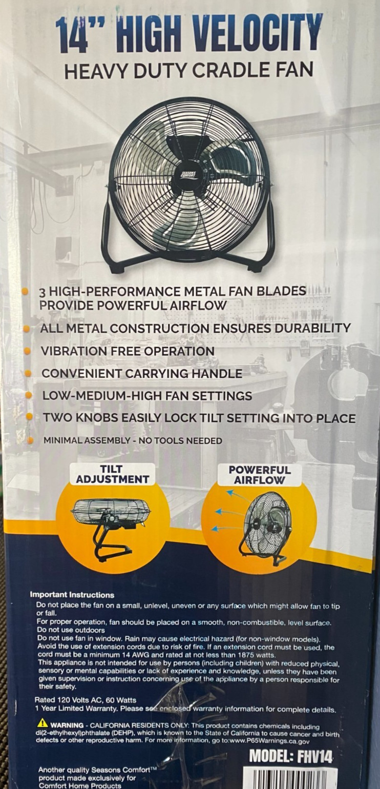 Seasons Comfort-14" High Velocity-Heavy Duty Cradle Fan-FHV14-All Metal-Black