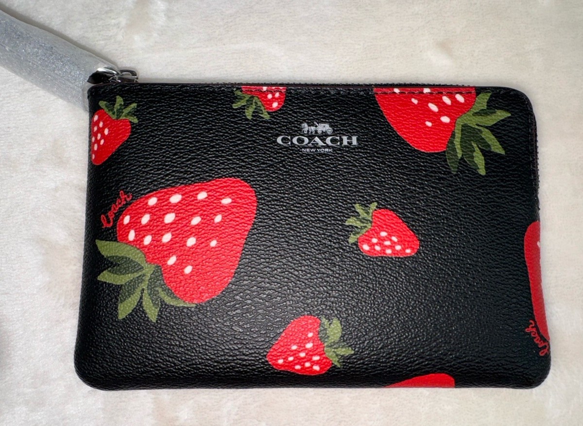 NWT COACH Corner Zip Wristlet Bag Purse Wild Strawberry Print