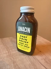 Vintage Anacin Amber Glass Bottle Whitehall 100 Tablets Size Metal Lid Medicine