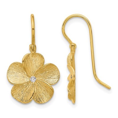 14k Gelbgold gebürsteter Diamant Blume Schäfer Haken Ohrhänger & Ohrhänger