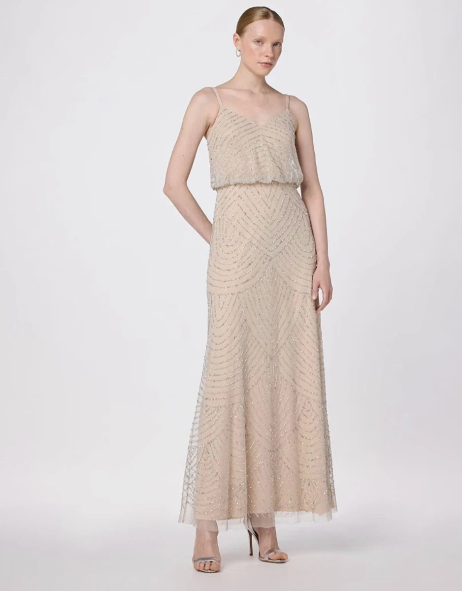 Vestido Blusa Adrianna Papell Cuentas Talla 18 Desnudo Correa Espagueti