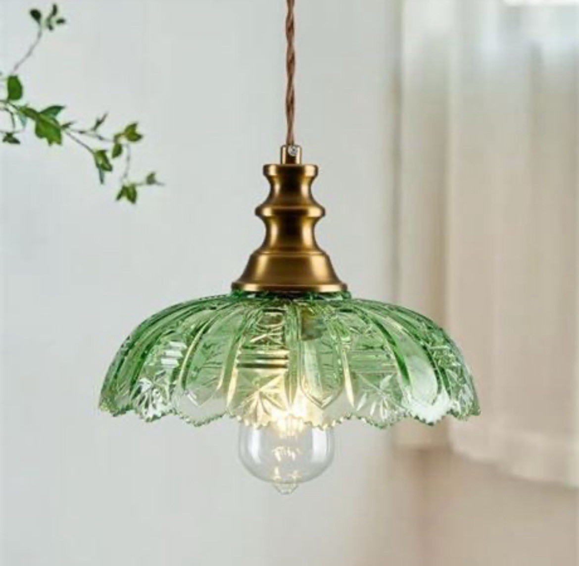 1-Light Pendant Light with Brass Gold Metal Green Glass Shade