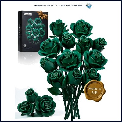 Decorative Green Rose Bouquet Set, 12 Interlocking Pieces for Manual Assembly