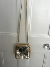 Vera Pelle Small Gold Metallic Leather Square Crossbody Bag Zip, Chain Strap