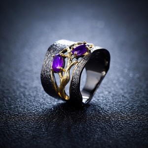 Authentic Natural Amethyst 925 Sterling Silver Gold Plated Flower Branch Inspired Ring