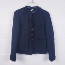 J. Crew Blazer Black Tweed Wool 4 Button Round Neck Frayed Edges Women's Size 2