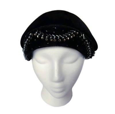 Vintage Sanger Bros Black Beaded Half Hat Juliet Cap 40s 20s Tilt Cocktail Hat
