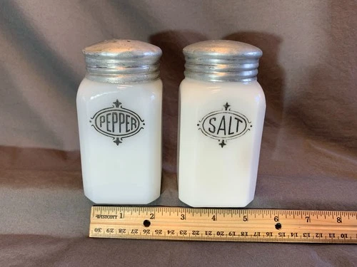Vintage Milk Glass Salt & Pepper Shakers, Square Mid-Century Set Aluminum Lids