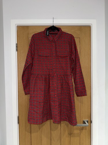 🌸 BOOHOO Red Checked Skater Dress Size UK 14 BNWT 🌸
