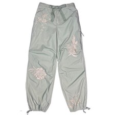 PILCRO Anthro Women Size 25P Mint Green Floral Embroidered Parachute Cargo Pants