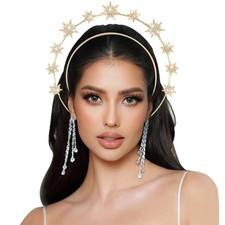 Gold Halo Crown Headband Star Rhinestone Goddess Crown Headpiece Double Layer...
