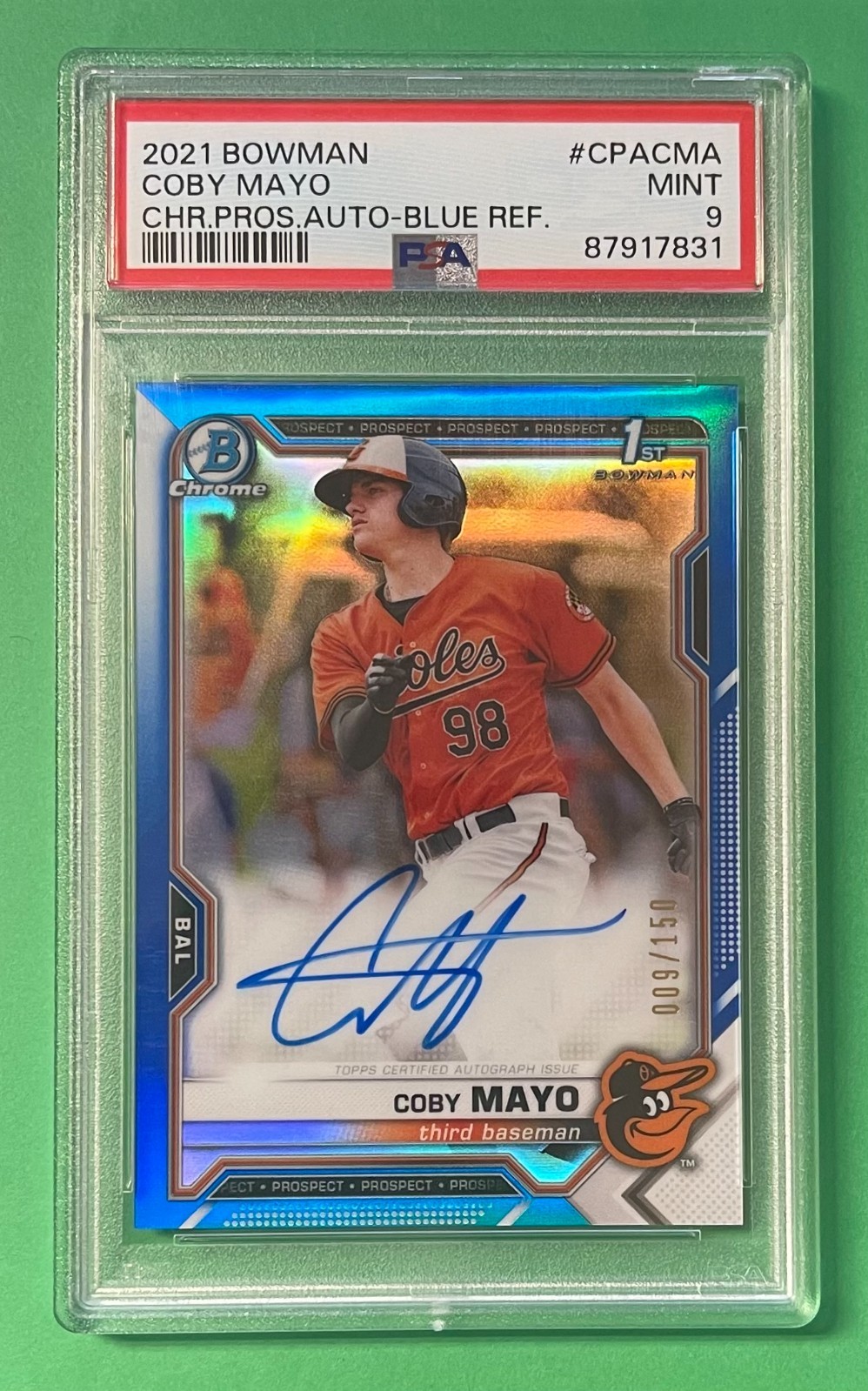 2021 BOWMAN COBY MAYO AUTO CHROME BLUE REFRACTOR 9/150 PSA 9 MINT ORIOLES