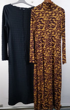 M&S Women's 2Pcs Midi Dresses Size 12 Black Crinkle & Animal Print Cowl Neck New