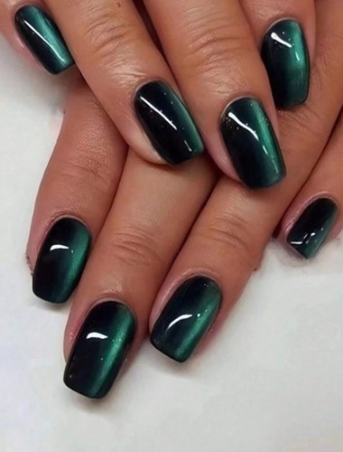 24pcs short square translucent dark green cat eye effect presson artificial nail