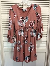 Jody Mauve/Blue Floral Short 3/4 Bell Sleeve Dress Size M Lined Boho Buttons/Tie
