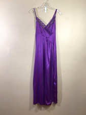 Vintage UndercoverWear Satin V-Neck Maxi Nightgown S Purple 80s Slit Lace Trim