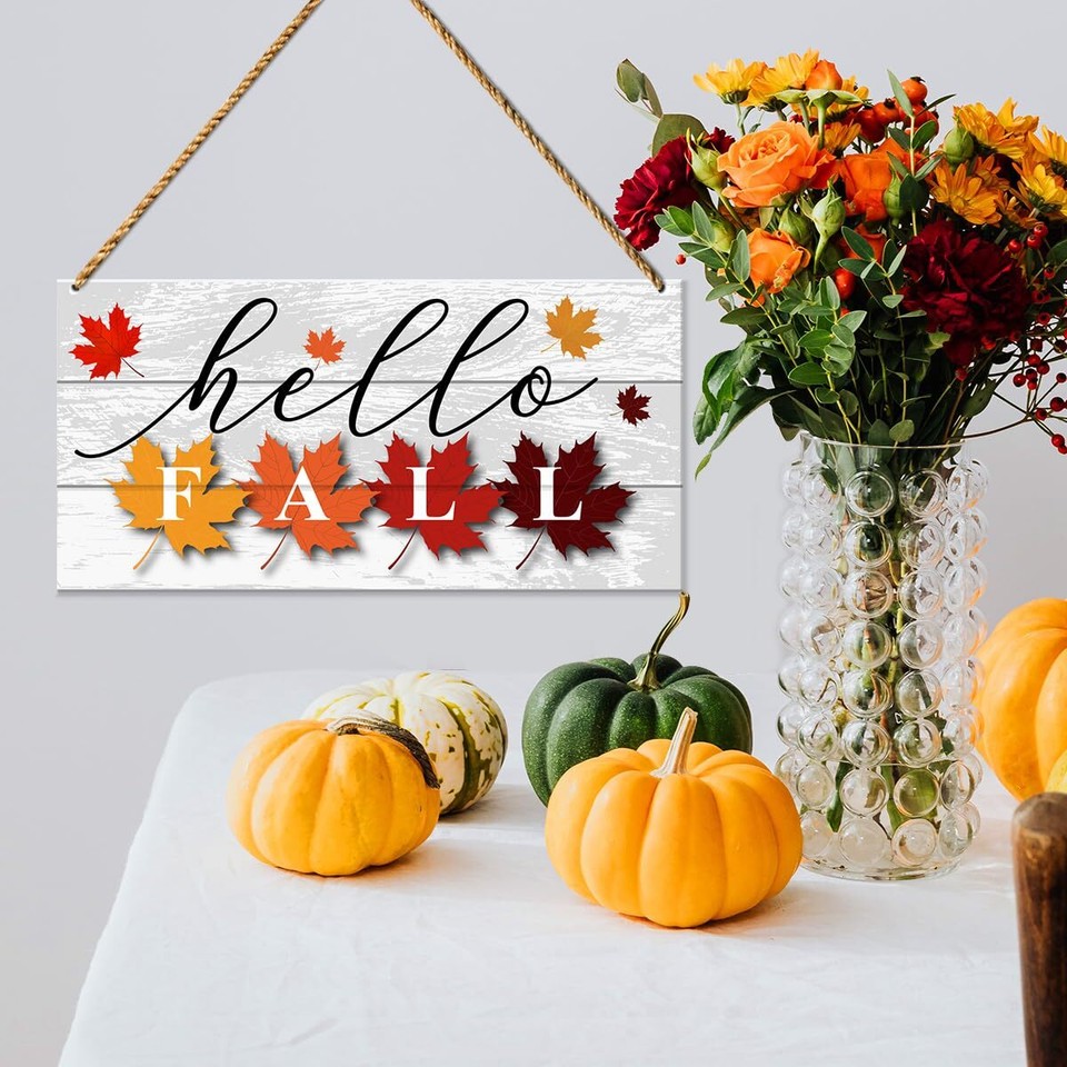 Hello Fall Wood Sign Decor, Fall Wall Decor for Home Porch Rustic