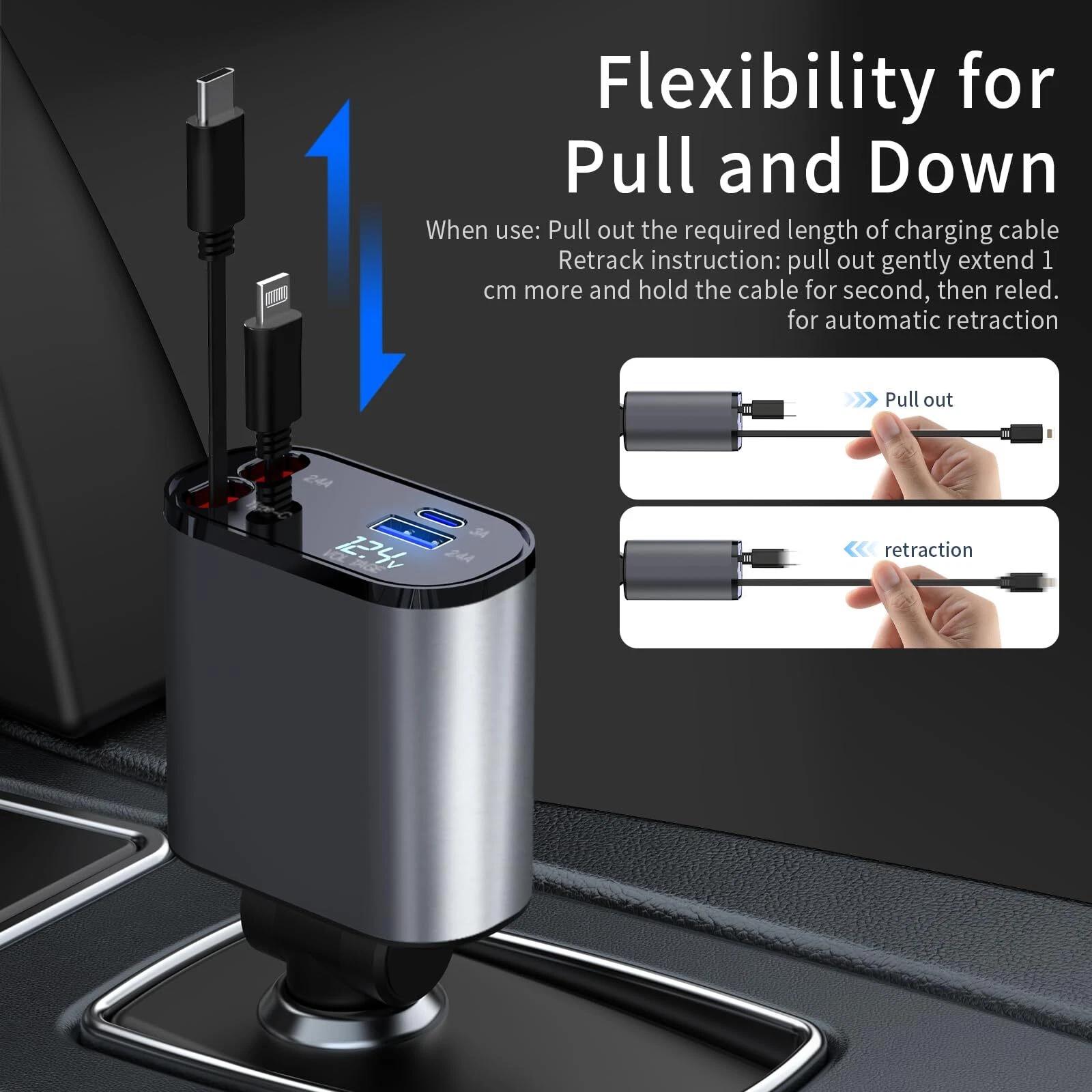 Retractable Car Charger 4 in 1 Fast Car Phone Charger 120W with USB Type C Cable Retractable Car Charger 4 in 1 Fast Car Phone Charger 120W with USB Type C Cable