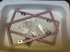 License Plate Frame Tag Cover Frame Pink Diamond Steel Metal 2pcs With Screw Cap
