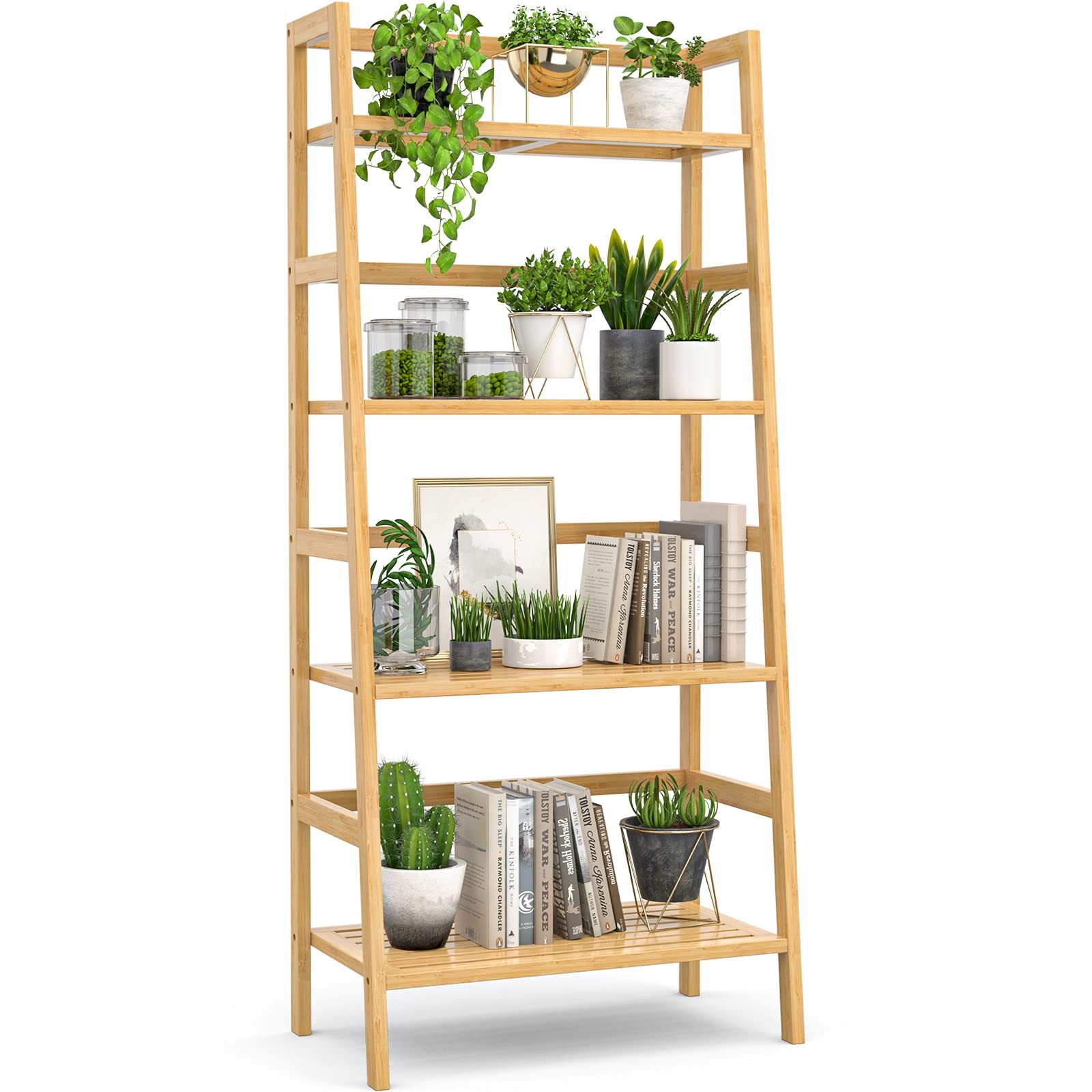 Homykic Bamboo Bookshelf 4-Tier Ladder Shelf, 49.2” Freestanding Open Bookcas...