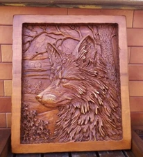3D Wooden Picture Wood Carving Wall Art Handcarved Wood Carving Fox Wood Panel