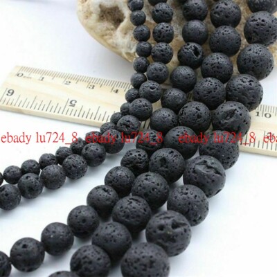 Fashion Jewelry 6/8/10mm Black Volcanic Lava Round Gemstone Loose Beads 15''