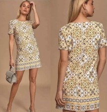 Lulus Dandy Lion Dress SMALL Yellow Print Short Sleeves Preppy Clueless