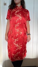 Yi Trang Chinese Traditional qipao Cheongsam Dress Red Silk Blossom Embroidered