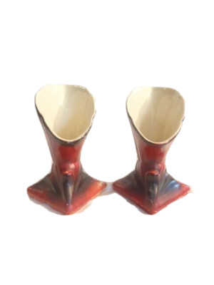 Shawnee Set Of Two Red/Black Cornucopia Vases 5'' Tall