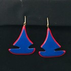 Clip On Earrings Large Blue and Red Lucite Sailboat Dangle Very Colorful Vintage