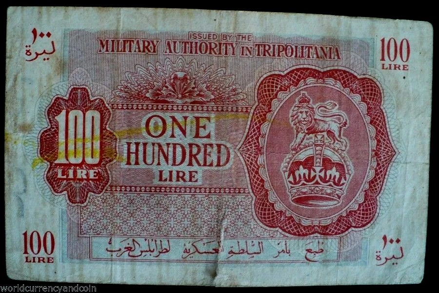BILLETE TRIPOLITANIA LIBIA 100 LIRAS P-M5 1943 ANIMAL LEÓN ORIENTE MEDIO ÁRABE ITALIA Foto 2 de 3