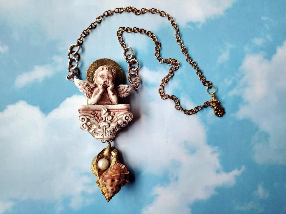 Ожерелье крылатый ангел херувим талисман барокко подвеска амулет раковина подвеска ювелирные изделия - Изображение 3 из 4